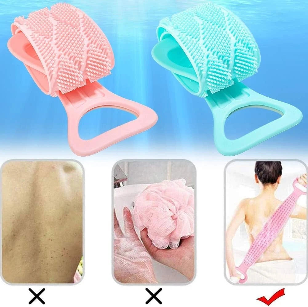 2X Double Sided Back Scrubber Bath Shower Belt Brush with Silicon Long Body