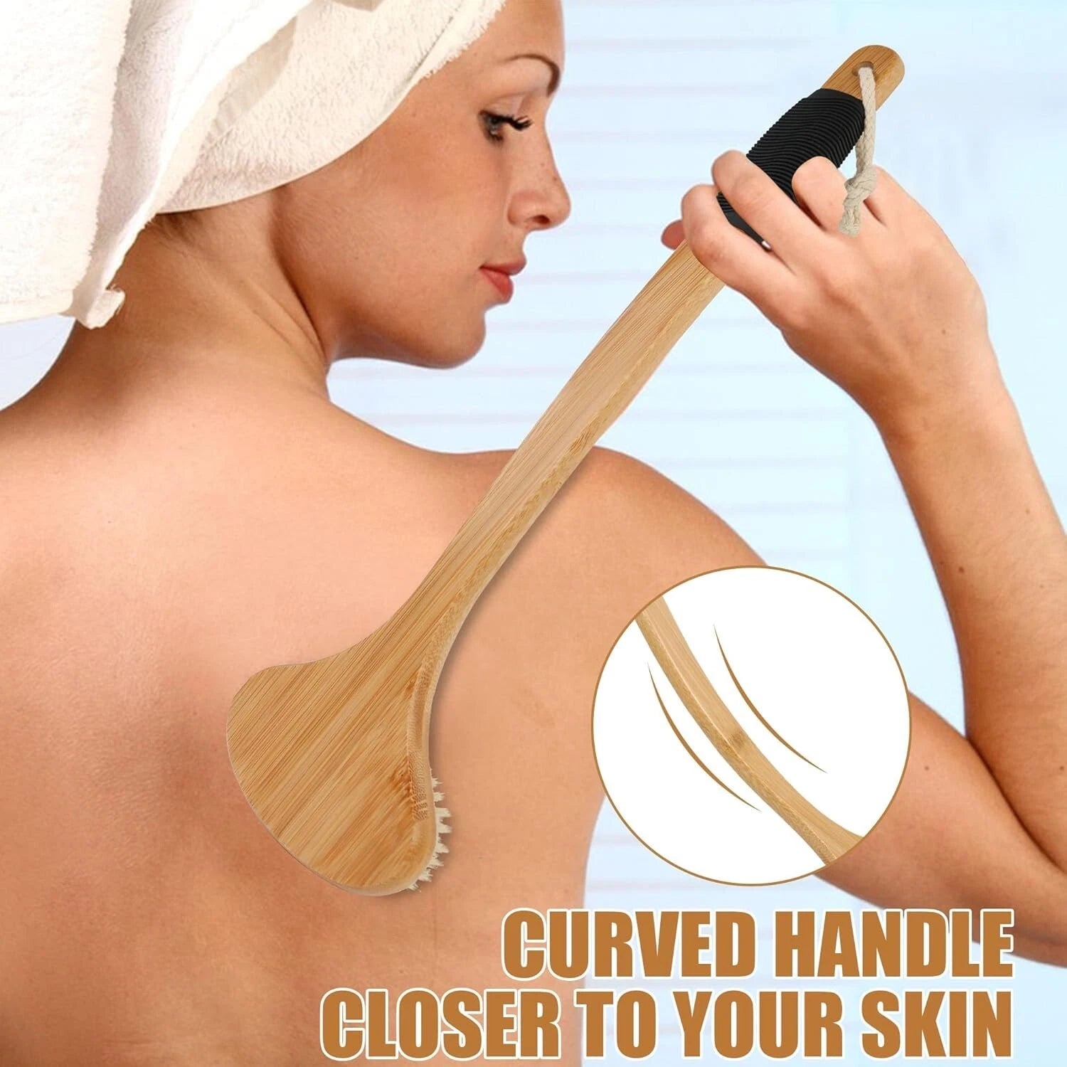 OWIIZI Back Scrub Brush for Shower,Stiff Boar Bristles Bamboo Curved Long Handle