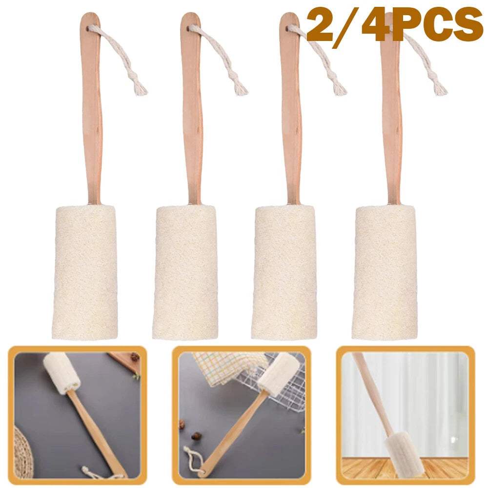 2/4Pcs Wood Loofah Back Scrubber Brush Bath Body Exfoliating Long Handle Massage