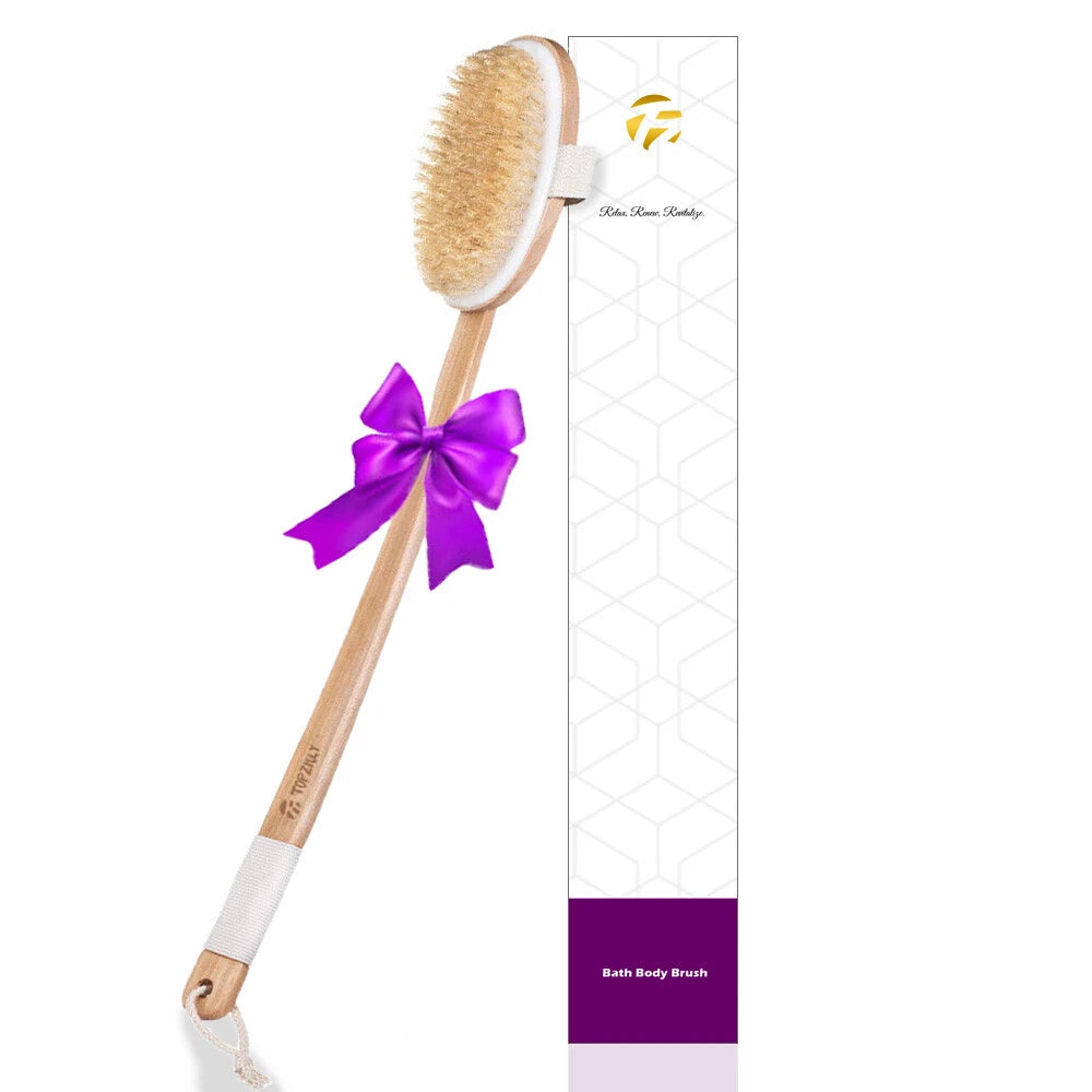 51cm Extra Long Handle Natural Wooden Shower Bath Body Brush Back Scrubber UK