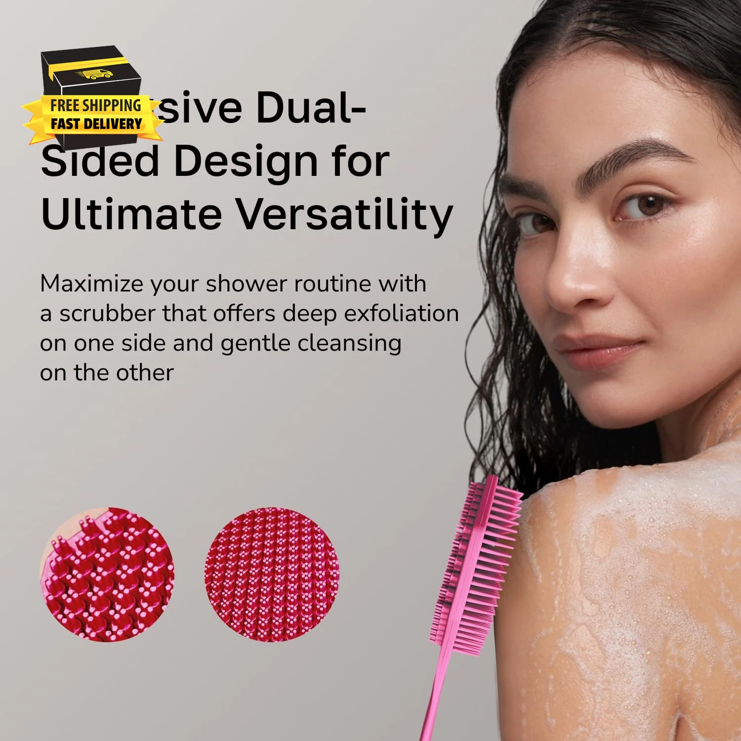 Silicone Back Scrubber with Long Handle - Octagon Body Brush for Shower, Bath, a