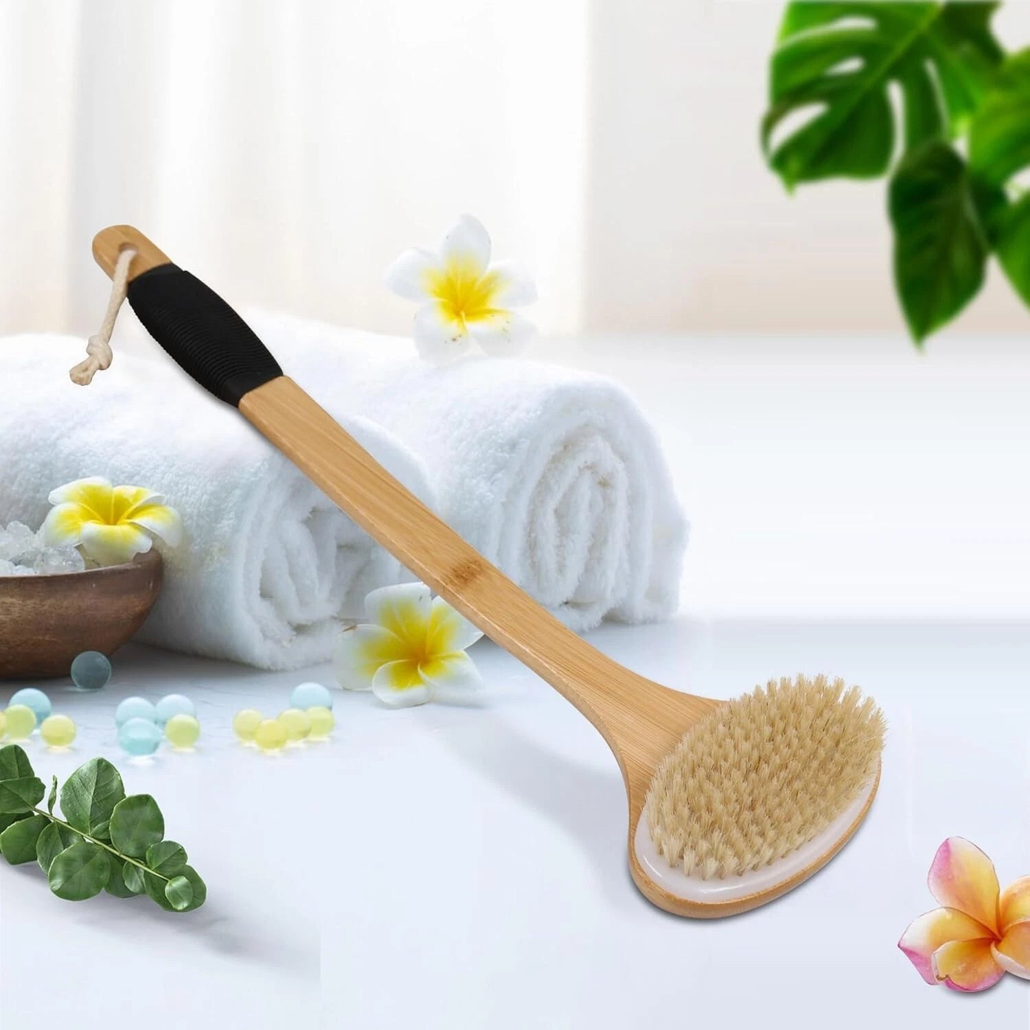 OWIIZI Back Scrub Brush for Shower,Stiff Boar Bristles Bamboo Curved Long Handle