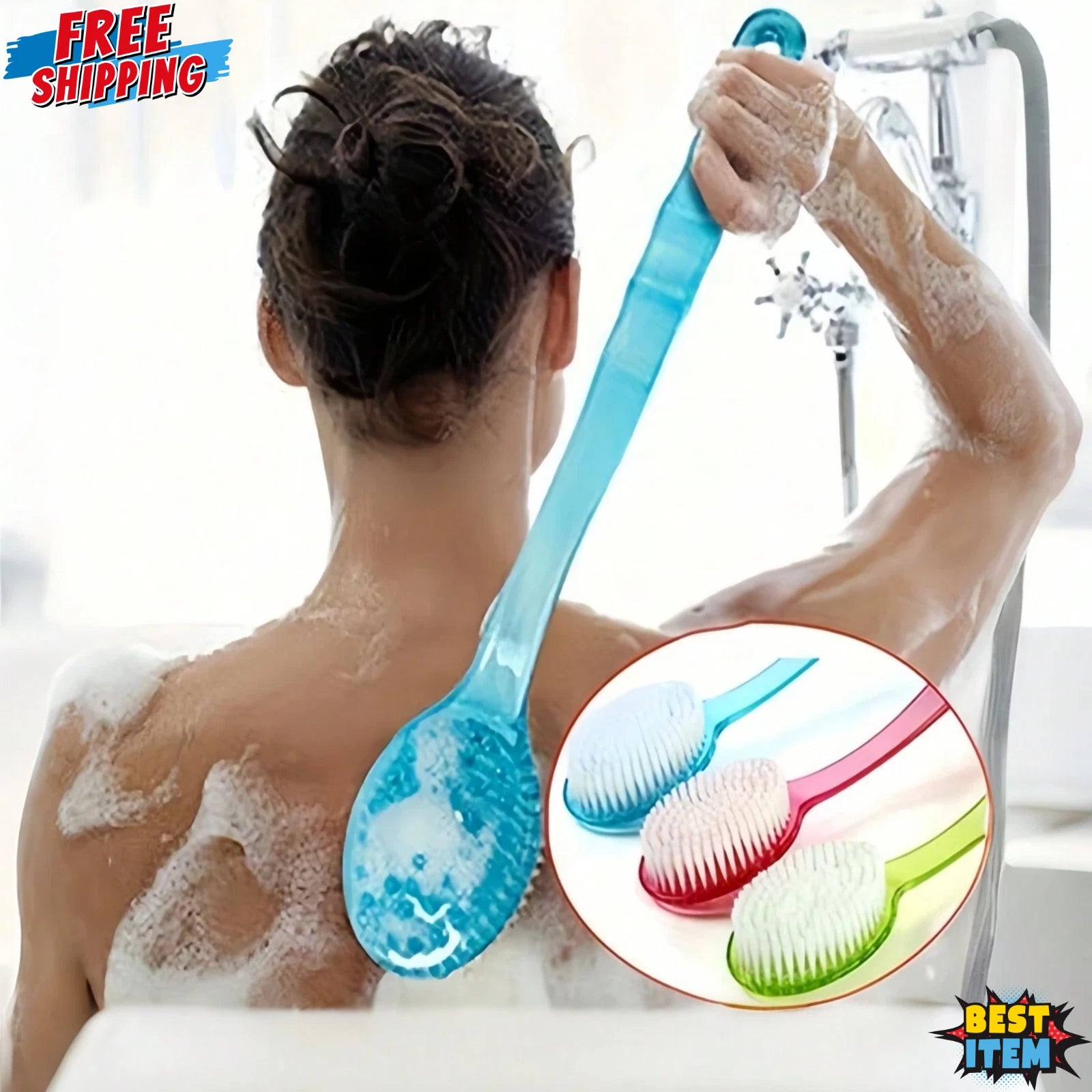 Long Handle Shower Body Bath Brush Skin Back Massage Scrubber Bathroom Tool - UK