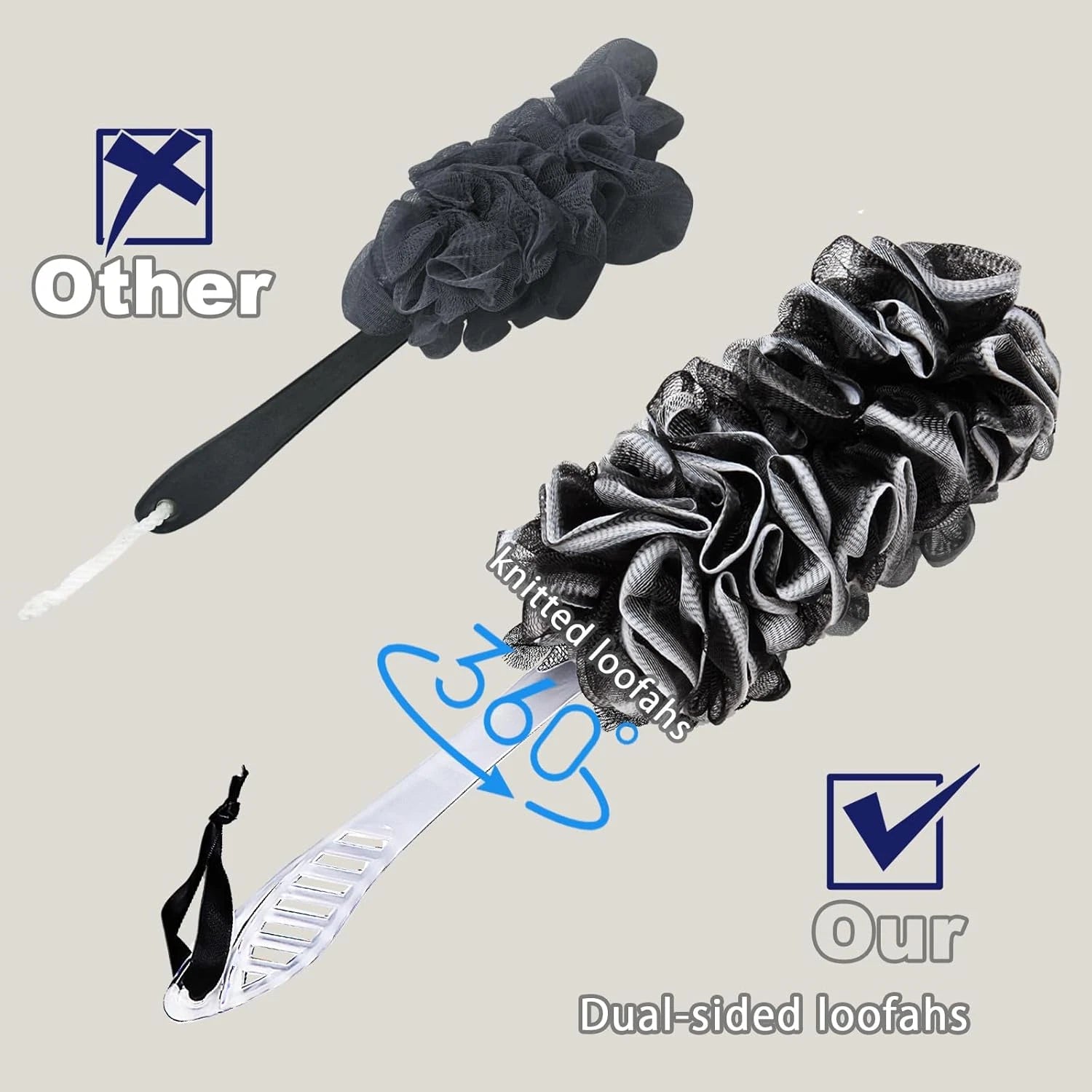 2Pack Back Scrubber for Shower, Dual-Sided Loofah on a Stick as Shower Brush Exf