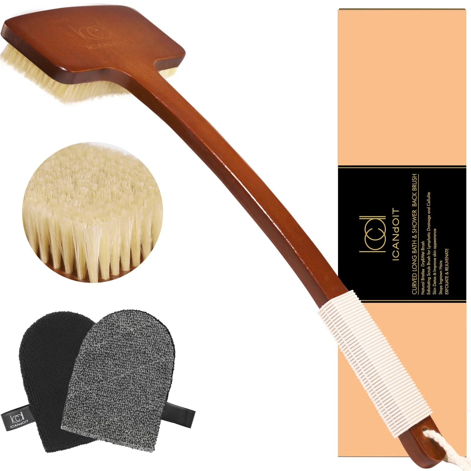 Exfoliation Set-17.71 Inch Boar Bristles Back Scrubber Bath Brush,Shower Brus...