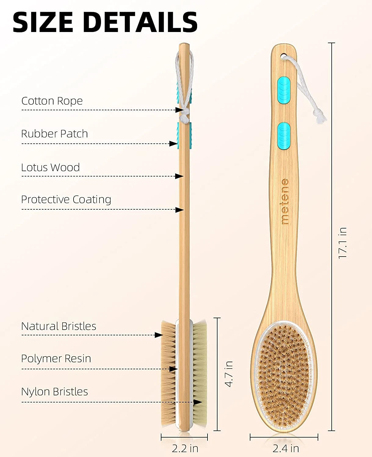 Metene Shower Brush with Soft and Stiff Bristles, Bath Dual-Sided Long Handle Ba