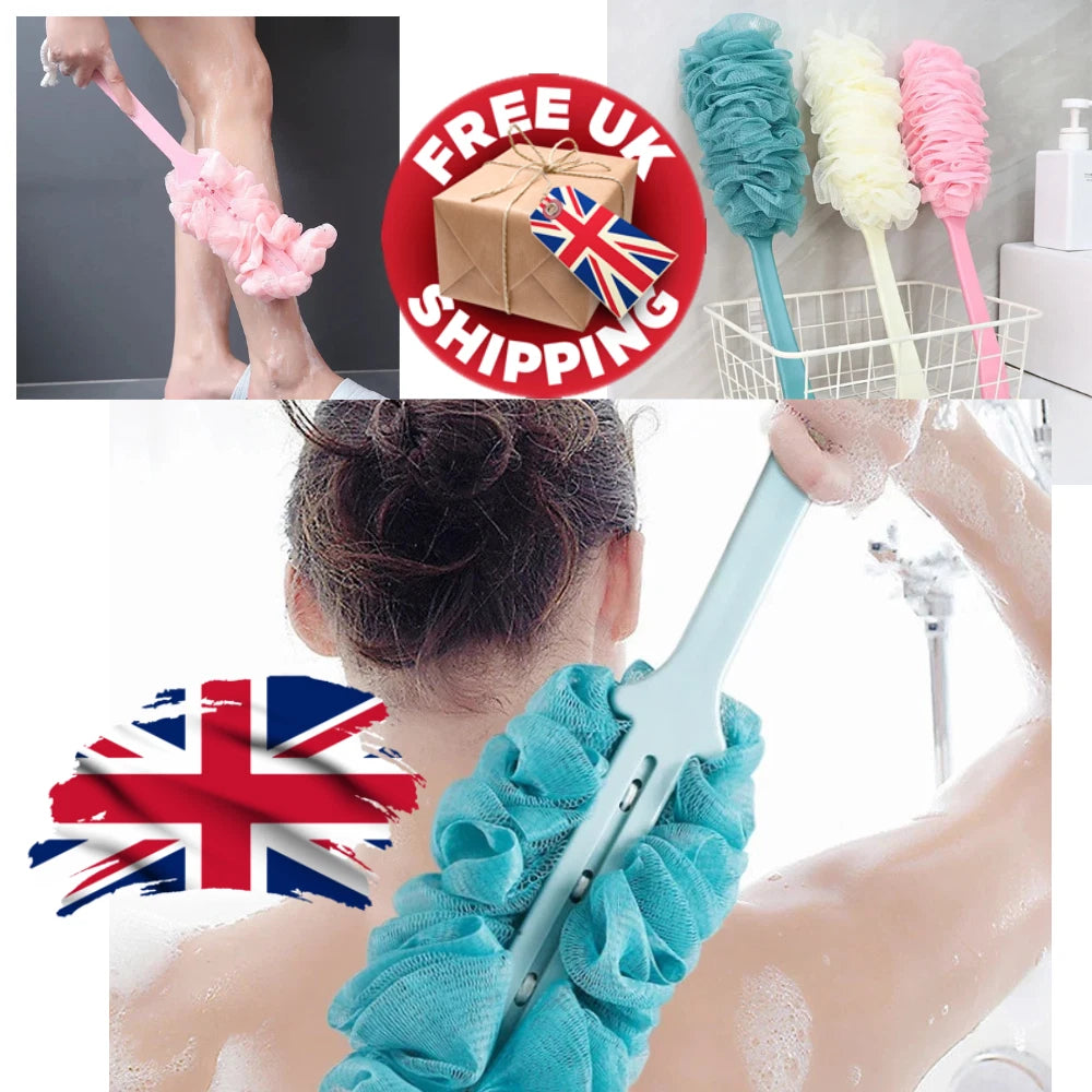 Long Handle Bath Brush - Soft Mesh Back Scrubber Shower Loofah Body Puff
