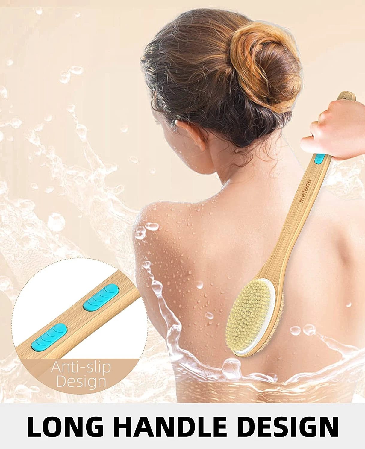 Metene Shower Brush with Soft and Stiff Bristles, Bath Dual-Sided Long Handle Ba