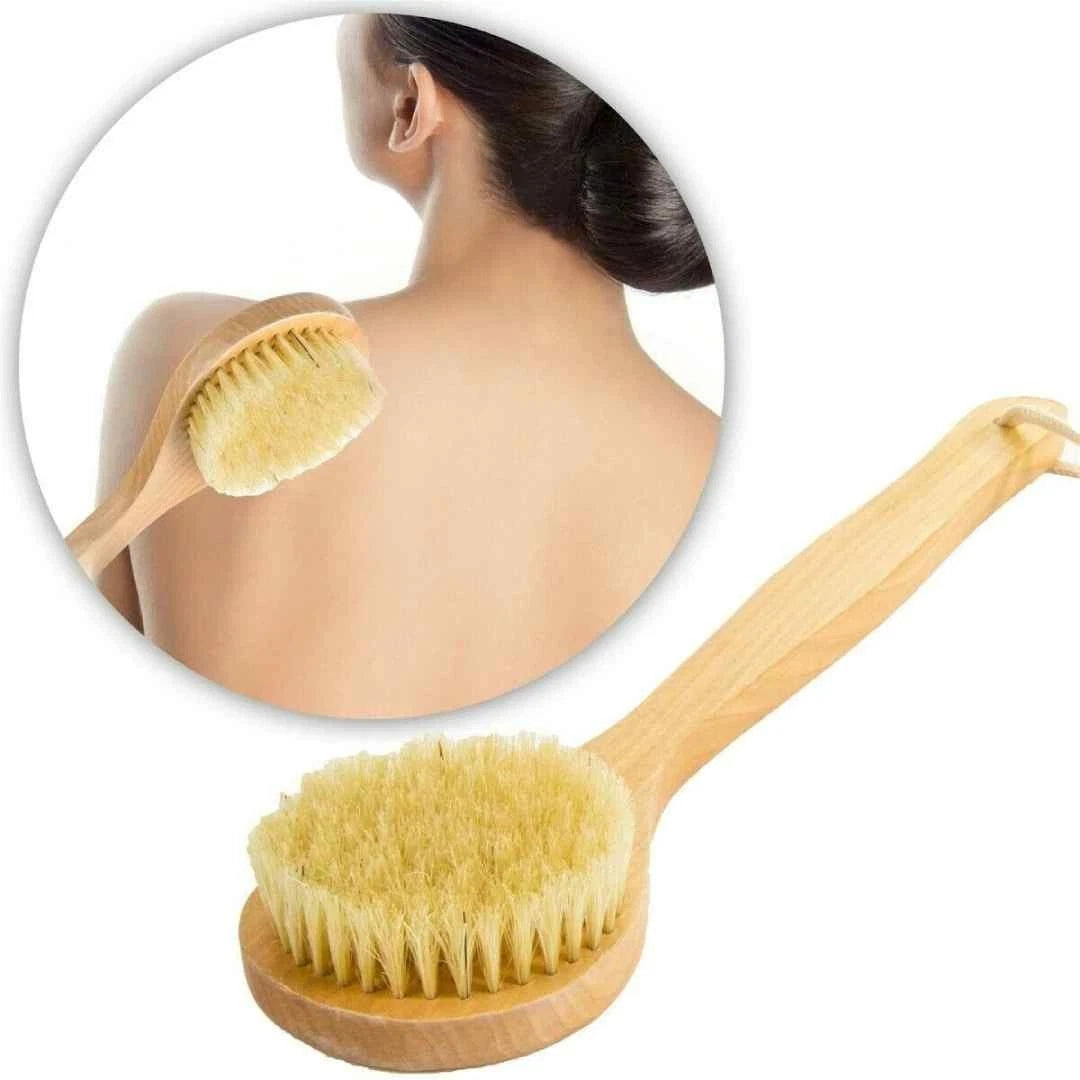 Long Handle Bath Shower Brush Natural Bristle Back Scrubber for Hard-to-Reach