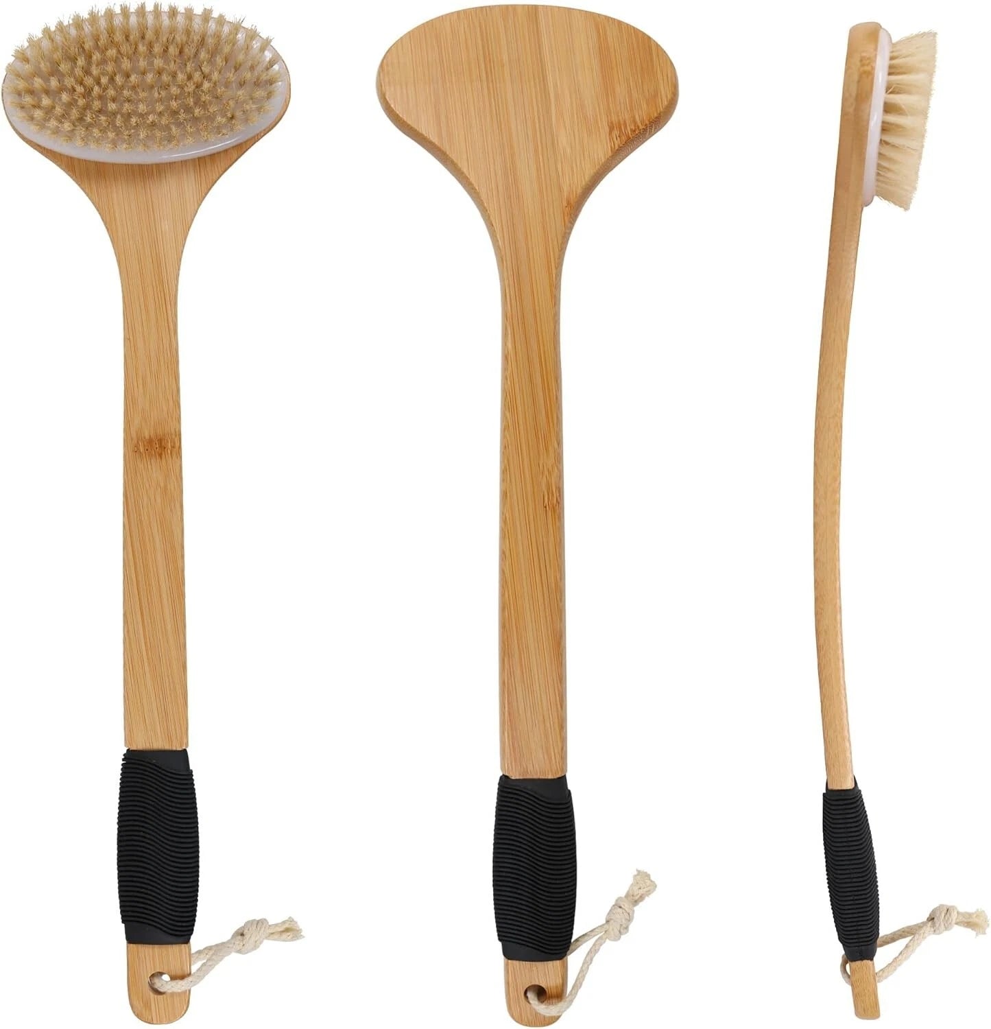 OWIIZI Back Scrub Brush for Shower,Stiff Boar Bristles Bamboo Curved Long Handle