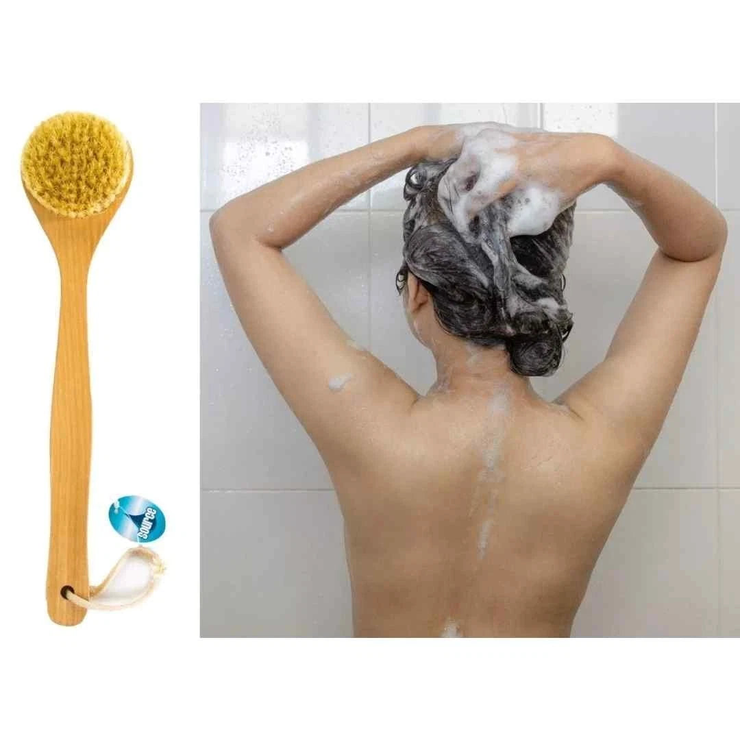 Long Handle Bath Shower Brush Natural Bristle Back Scrubber for Hard-to-Reach