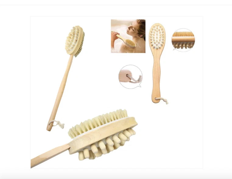 Bath Brush Double Sided Handle Long Wood Body Shower Bristle Massage 40cm