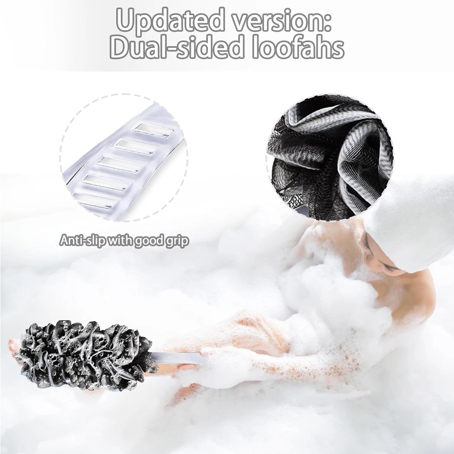 2Pack Back Scrubber for Shower, Dual-Sided Loofah on a Stick as Shower Brush Exf