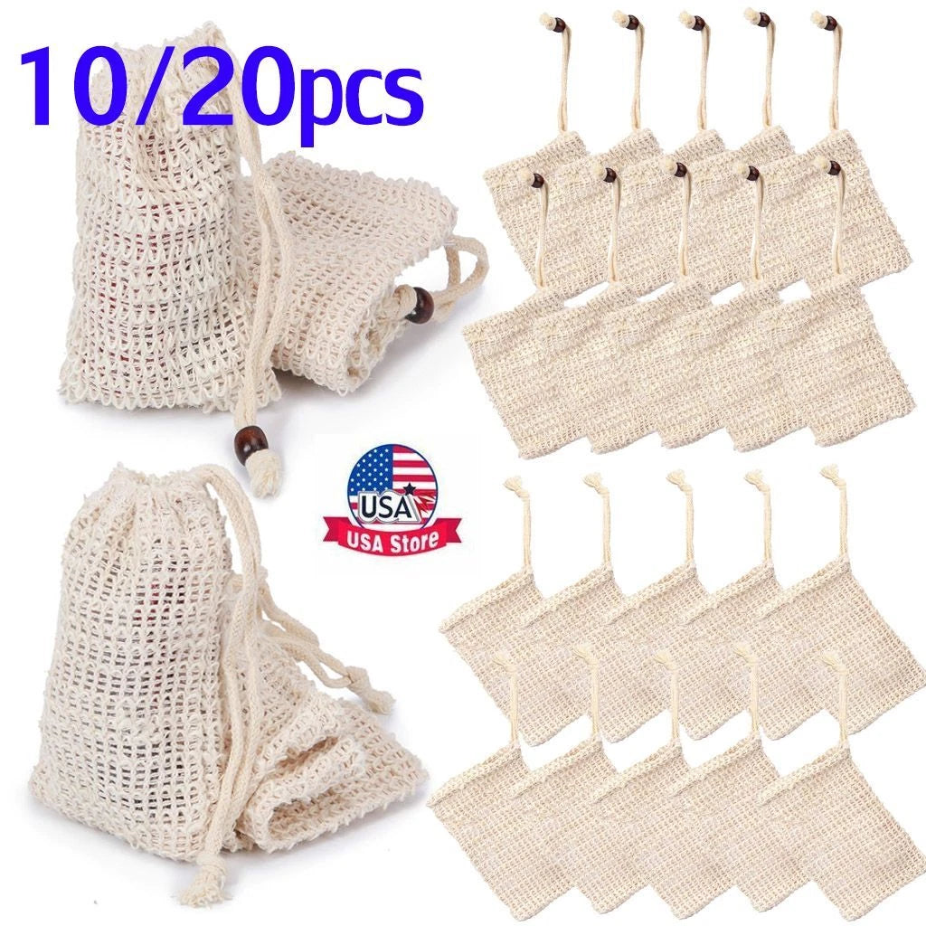 10/20x Natural Sisal Soap Bag Soap Saver Net Mesh Exfoliator Foaming Pouch Soft