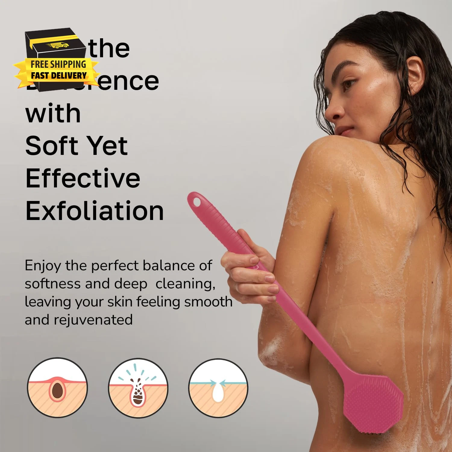 Silicone Back Scrubber with Long Handle - Octagon Body Brush for Shower, Bath, a