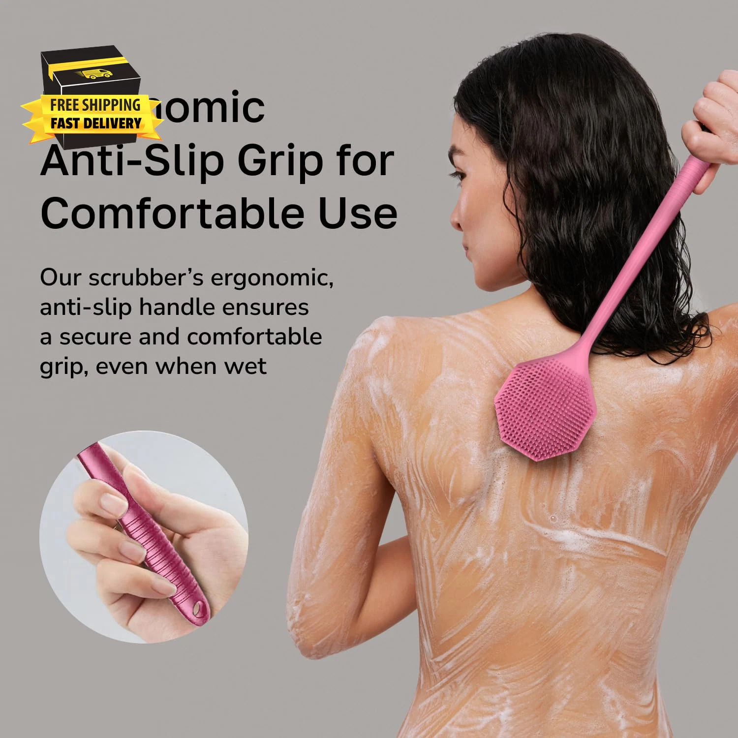 Silicone Back Scrubber with Long Handle - Octagon Body Brush for Shower, Bath, a