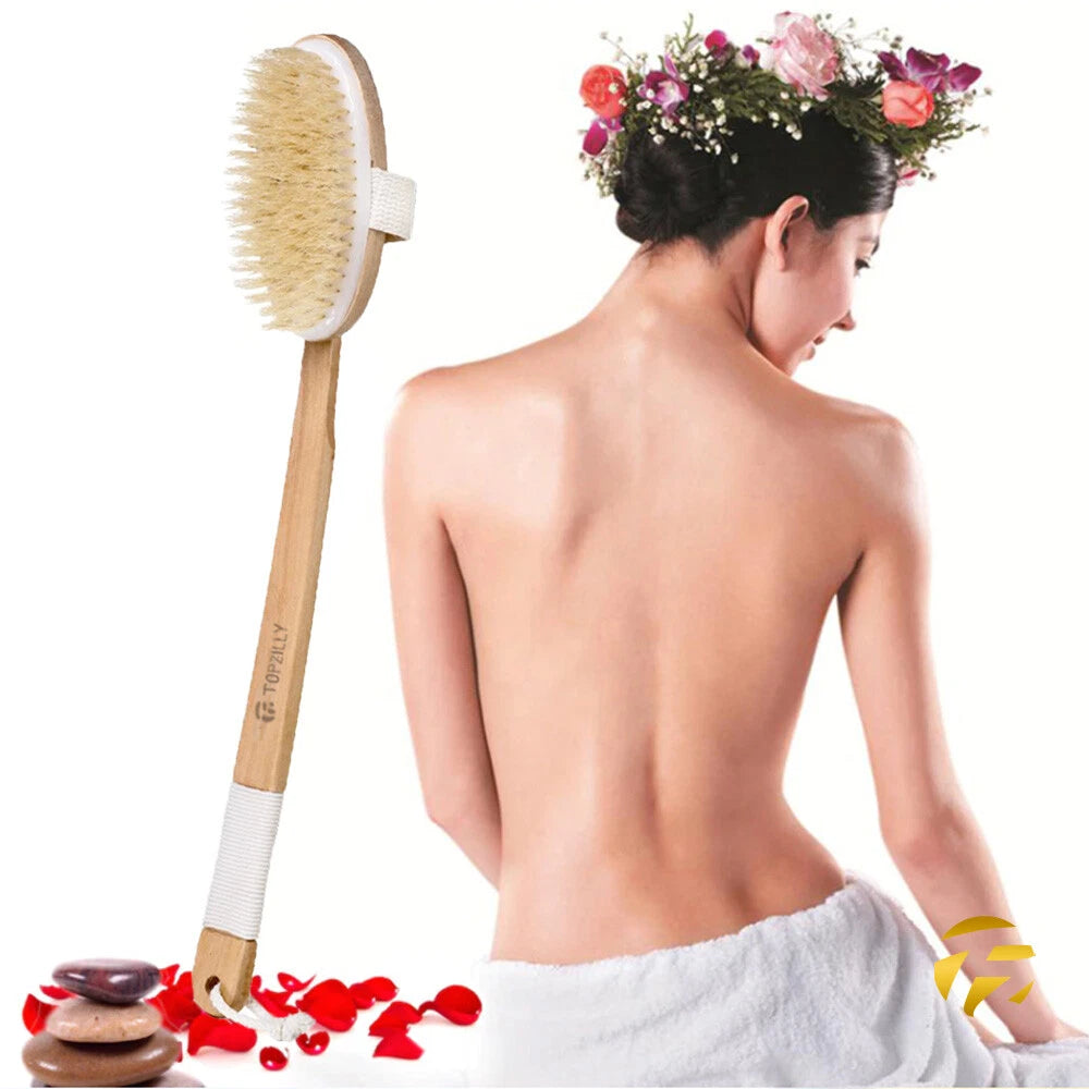 51cm Extra Long Handle Natural Wooden Shower Bath Body Brush Back Scrubber UK