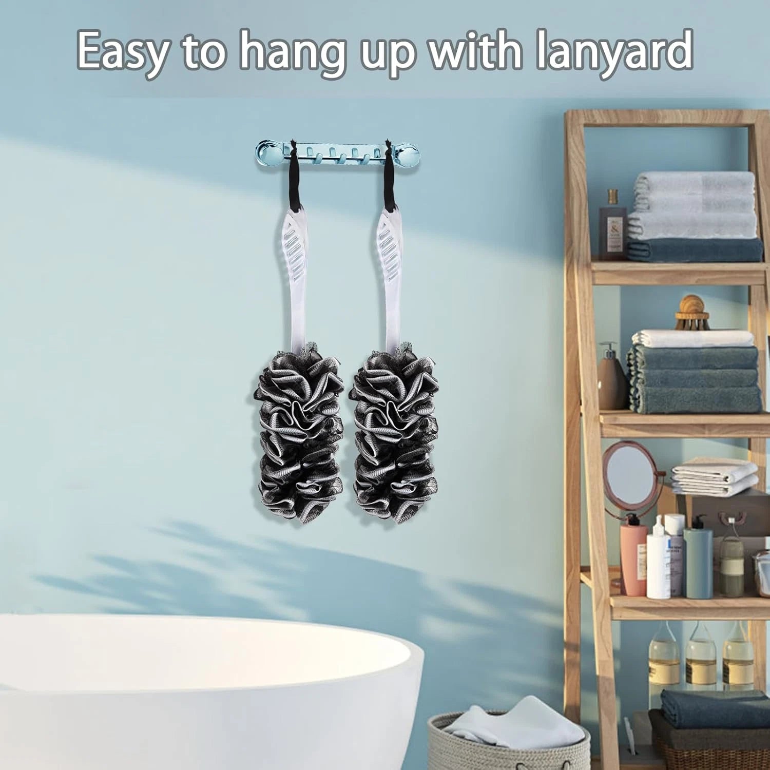 2Pack Back Scrubber for Shower, Dual-Sided Loofah on a Stick as Shower Brush Exf