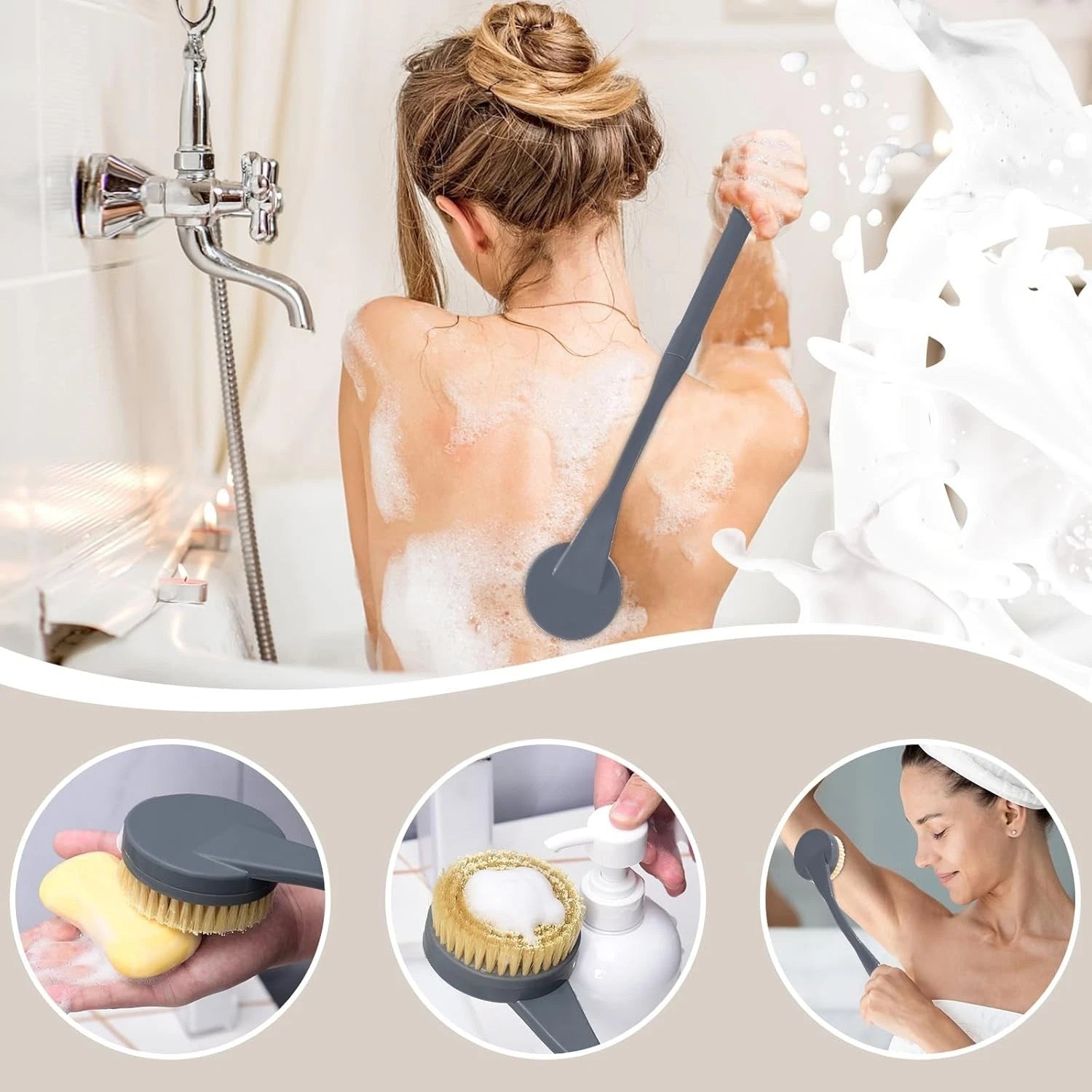 Back Scrubber for Shower,20.5" Bath Brush Long Handle for Deep Cleaning (Grey)