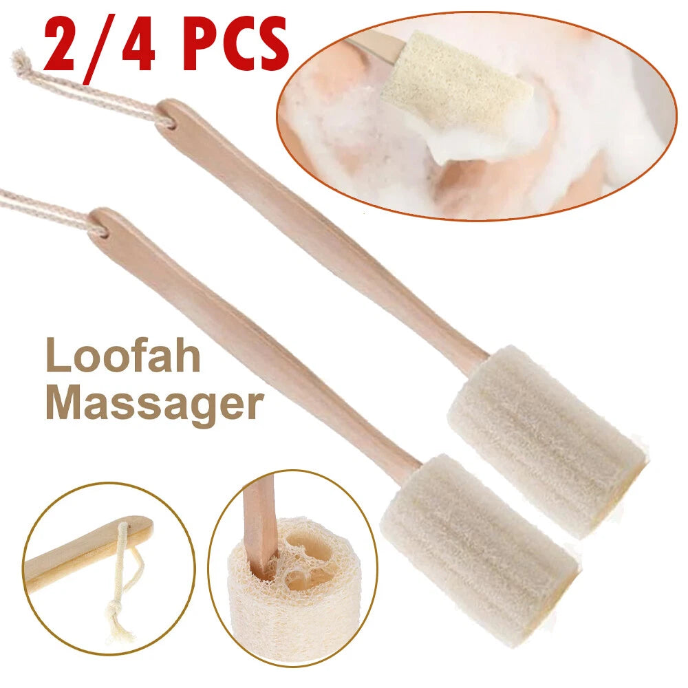 2/4Pcs Wood Loofah Back Scrubber Brush Bath Body Exfoliating Long Handle Massage