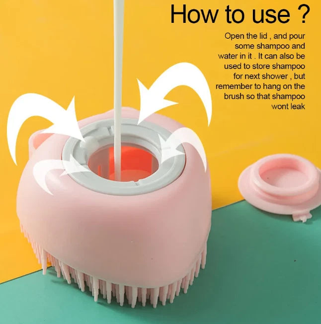 Pet Dog Cat Silicone Softy Massage Bath Brush Scrubber Shampoo Dispenser Shower