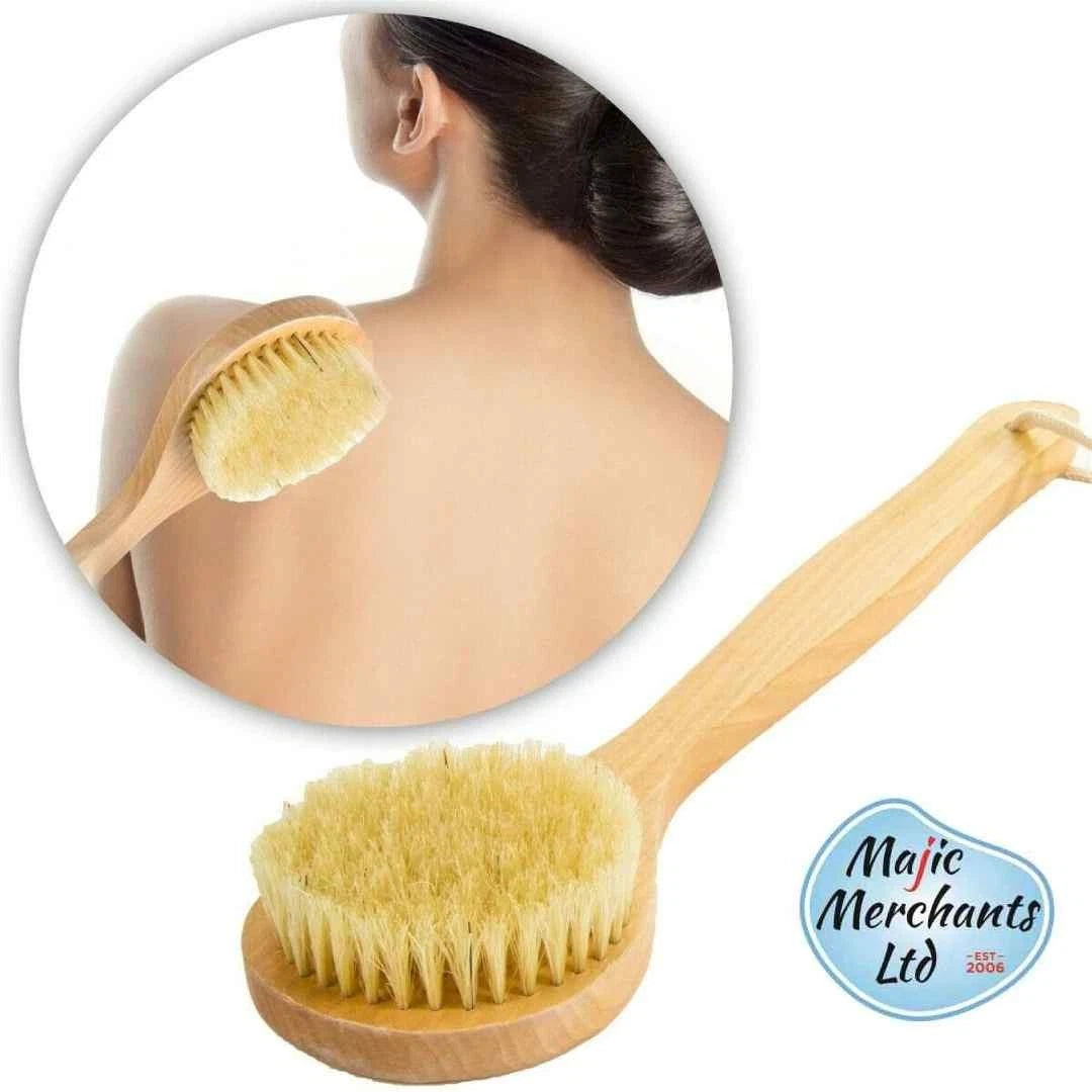 Long Handle Bath Shower Brush Natural Bristle Back Scrubber for Hard-to-Reach
