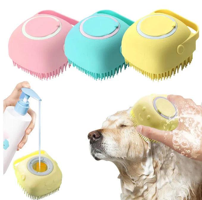 Pet Dog Cat Silicone Softy Massage Bath Brush Scrubber Shampoo Dispenser Shower