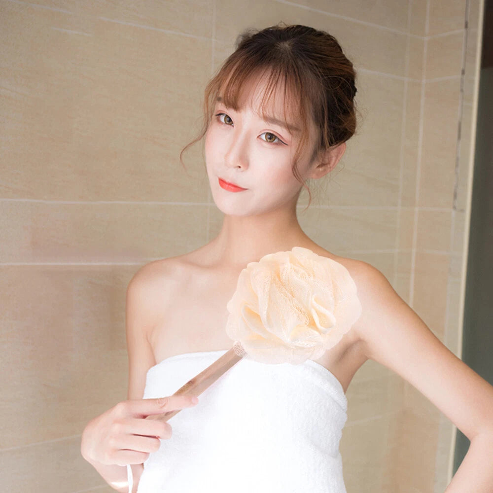 Back Wash Loofah Sponge Stick Bum Scrubber for Shower Mesh Bath Brush Pouf Man