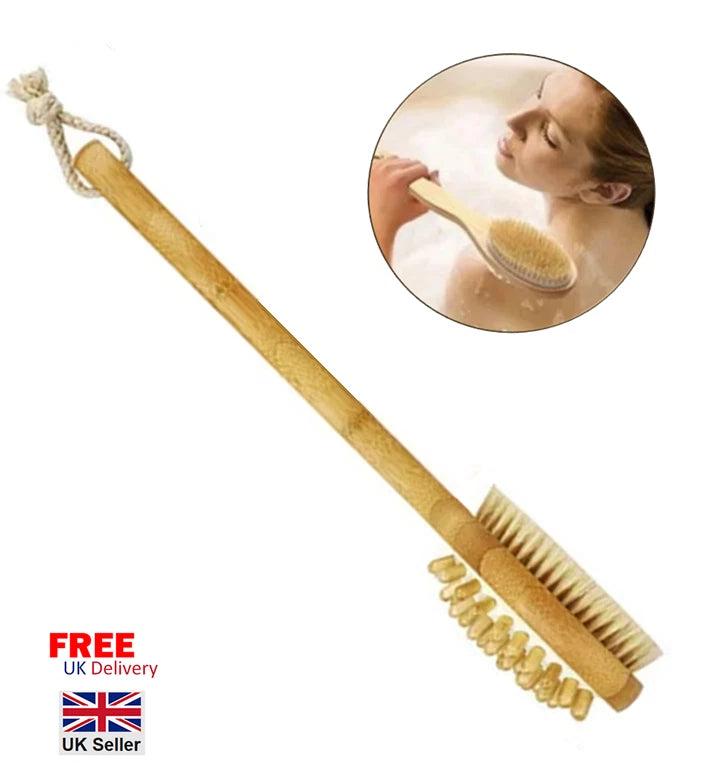 2in1 Wood Long Handle Shower Bath Body BACK SCRUB Exfoliate Brush MASSAGE SPA UK