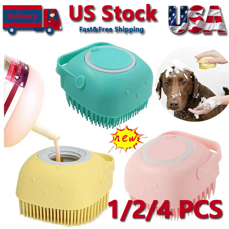 Pet Dog Cat Silicone Softy Massage Bath Brush Scrubber Shampoo Dispenser Shower