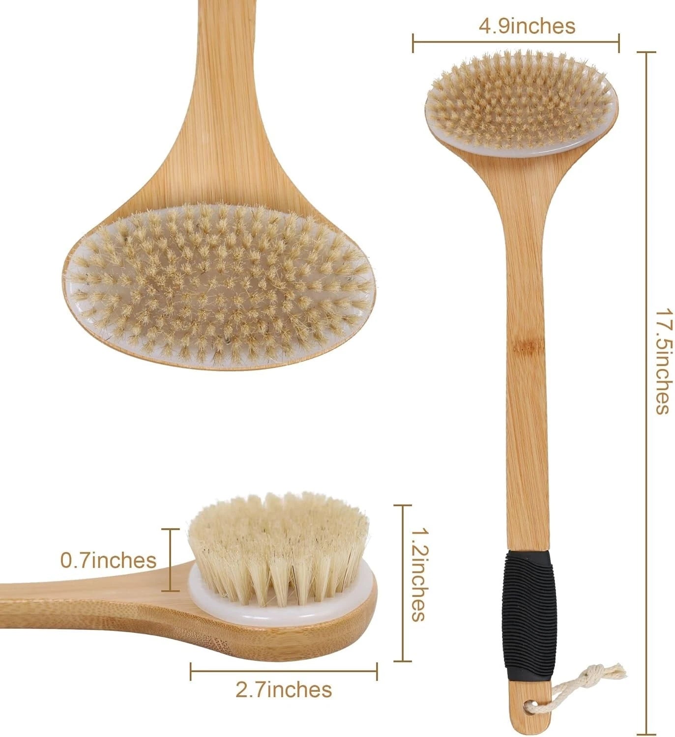 OWIIZI Back Scrub Brush for Shower,Stiff Boar Bristles Bamboo Curved Long Handle