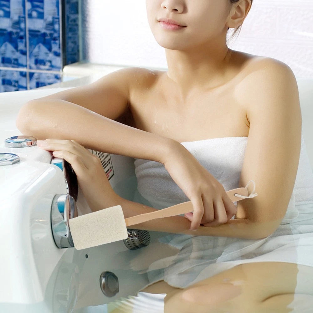Natural Loofah Exfoliating Bath on A Wooden Handle bath brush