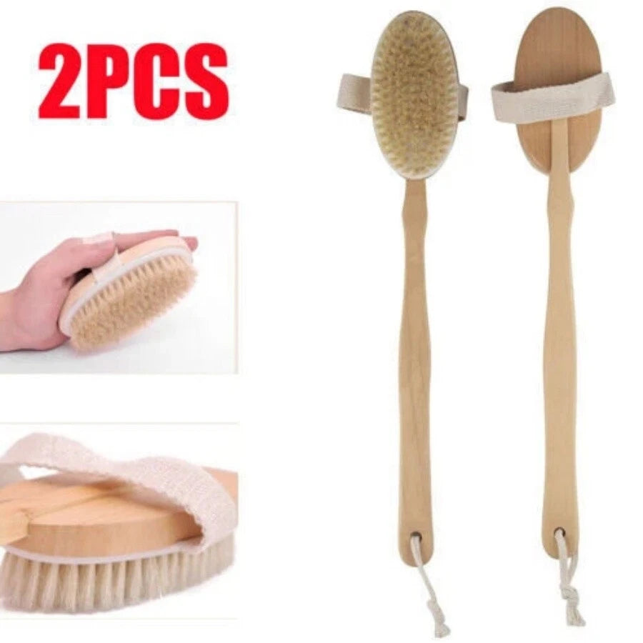 2 Back Body Shower Bath Brush Soft Natural Bristles Wood Long Handle Removable.