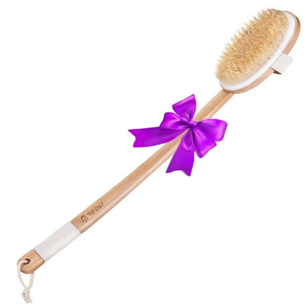 51cm Extra Long Handle Natural Wooden Shower Bath Body Brush Back Scrubber UK