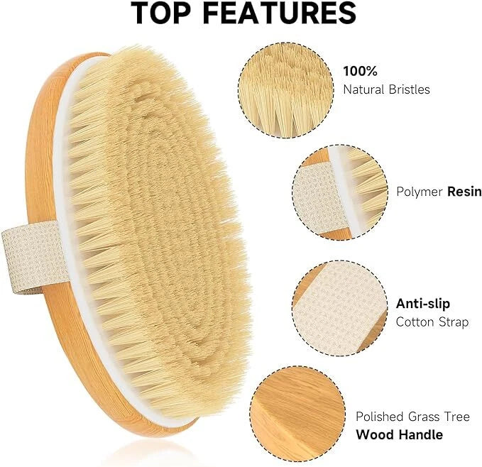 Dry Brushing Body Brush with Soft and Stiff Natural Bristles, Body Exfoliating