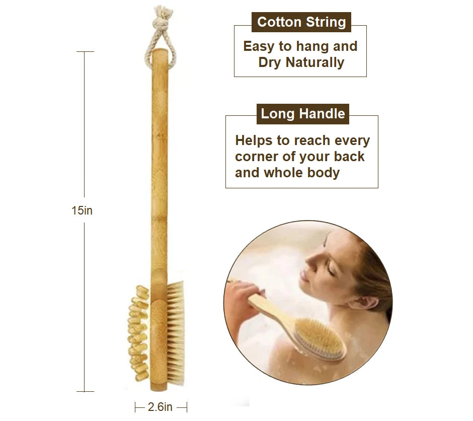 2in1 Wood Long Handle Shower Bath Body BACK SCRUB Exfoliate Brush MASSAGE SPA UK