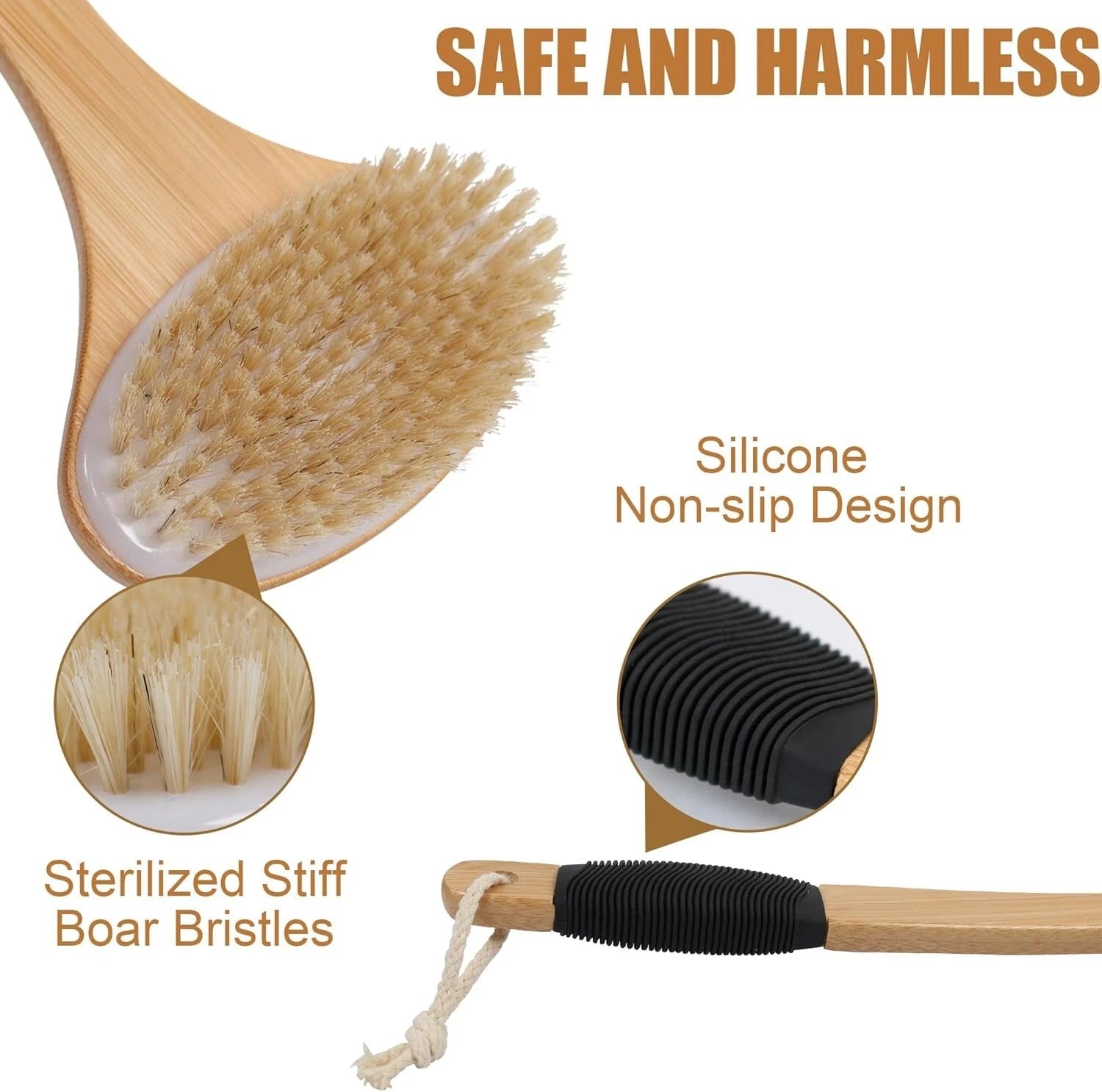 OWIIZI Back Scrub Brush for Shower,Stiff Boar Bristles Bamboo Curved Long Handle