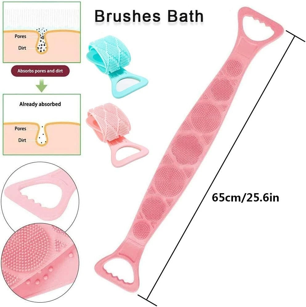 2X Double Sided Back Scrubber Bath Shower Belt Brush with Silicon Long Body