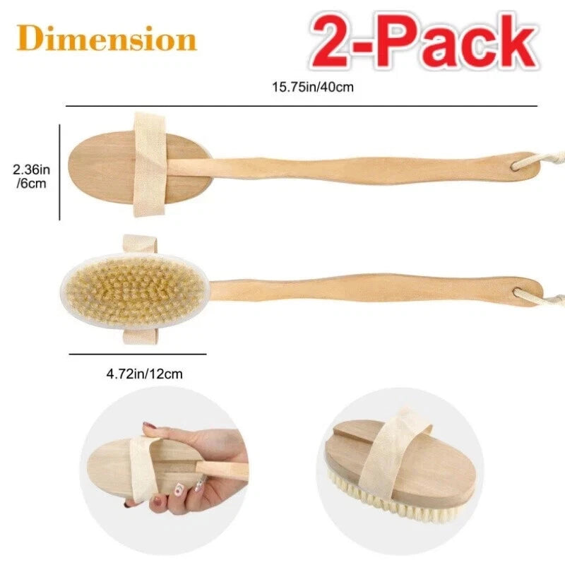 15.7" Long Handle Bath Brush Natural Bristles Body Back Shower Washing Scrubber