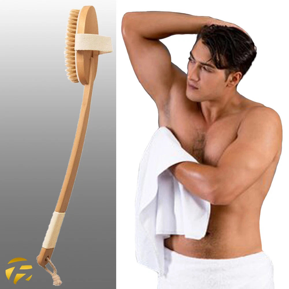 51cm Extra Long Handle Natural Wooden Shower Bath Body Brush Back Scrubber UK