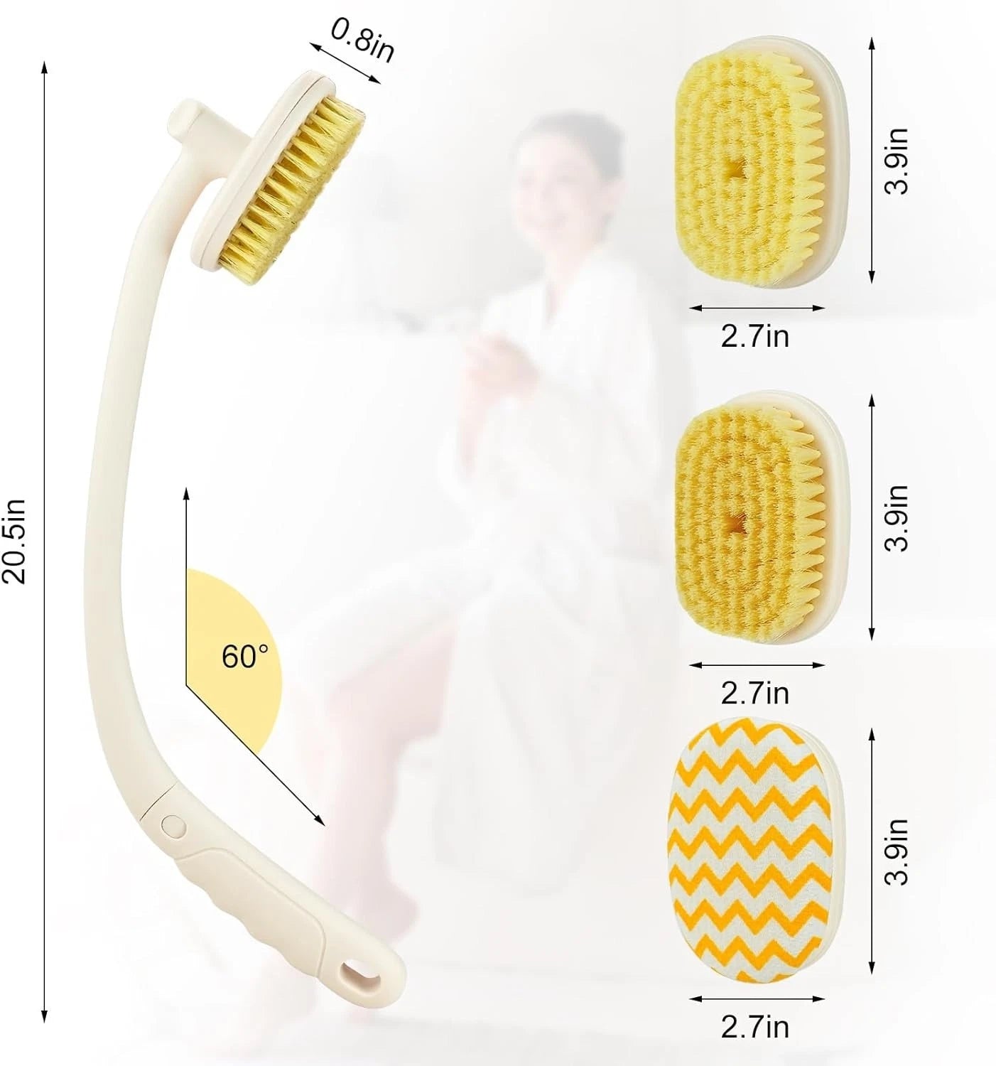 Back Scrubber Body Brush Extra Long Handle for Shower, 3 in 1 Bath Washer with &