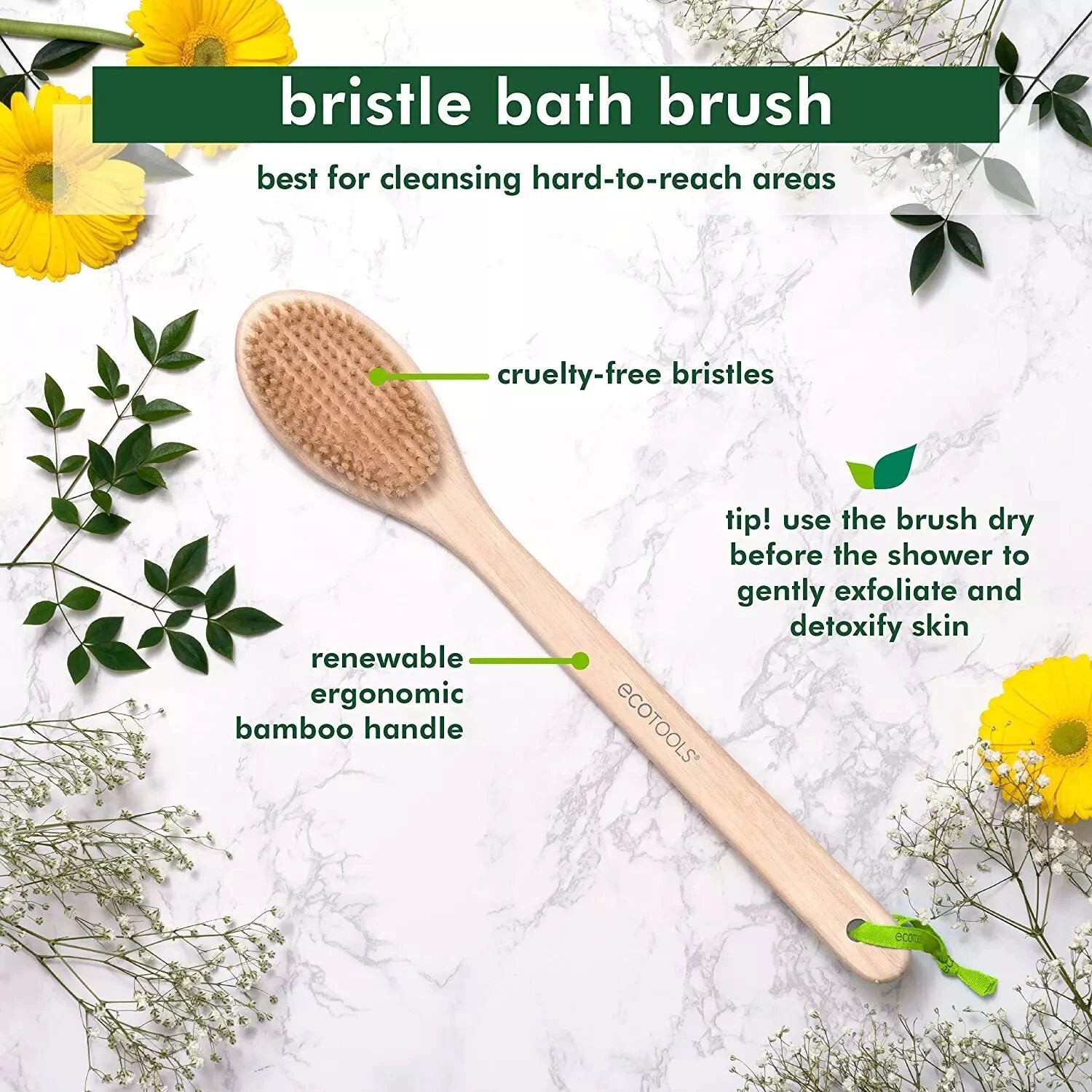 ECO Body Back Bath Brush - for Shower with Long Handle, Back Washer Scrubber NEW