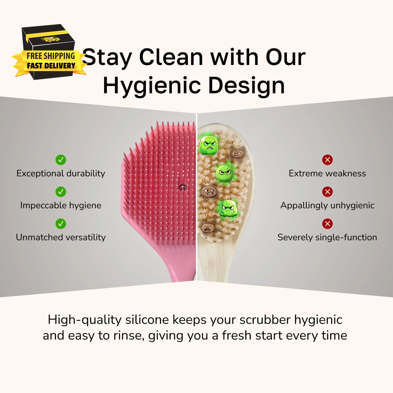 Silicone Back Scrubber with Long Handle - Octagon Body Brush for Shower, Bath, a