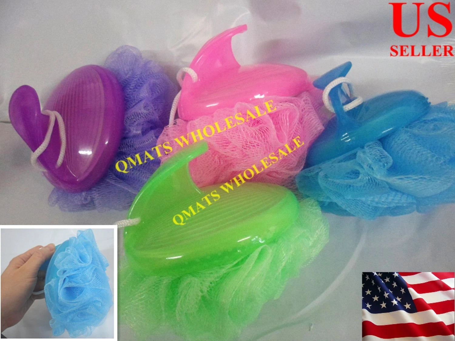 2 pcs NEW Bath Brush Soft Mesh Scrubber Ball with Handle GREEN PINK PURPLE BLUE