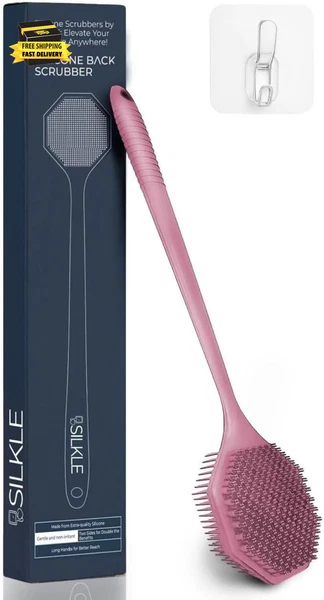 Silicone Back Scrubber with Long Handle - Octagon Body Brush for Shower, Bath, a