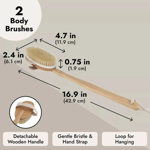 2 Back Body Shower Bath Brush Soft Natural Bristles Wood Long Handle Removable.