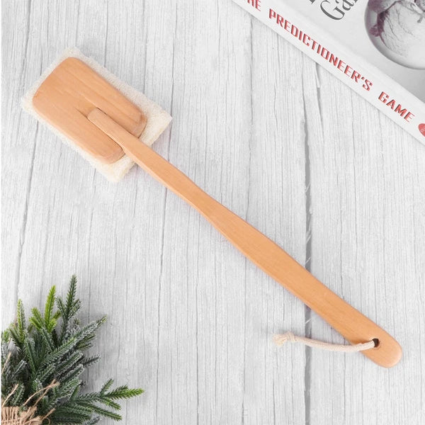 Natural Loofah Exfoliating Bath on A Wooden Handle bath brush