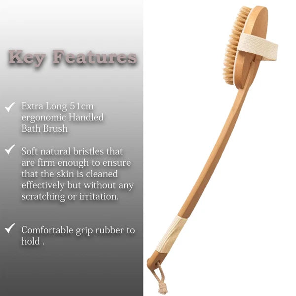 51cm Extra Long Handle Natural Wooden Shower Bath Body Brush Back Scrubber UK
