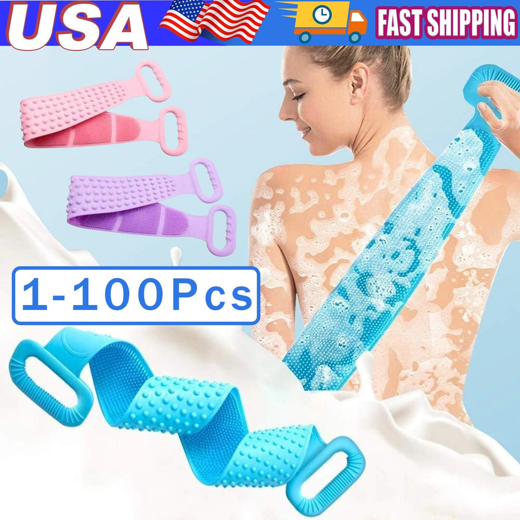 Silicone Bath Towel Rub Body Brush Shower Pull Back Strip Scrubber Exfoliat Lot