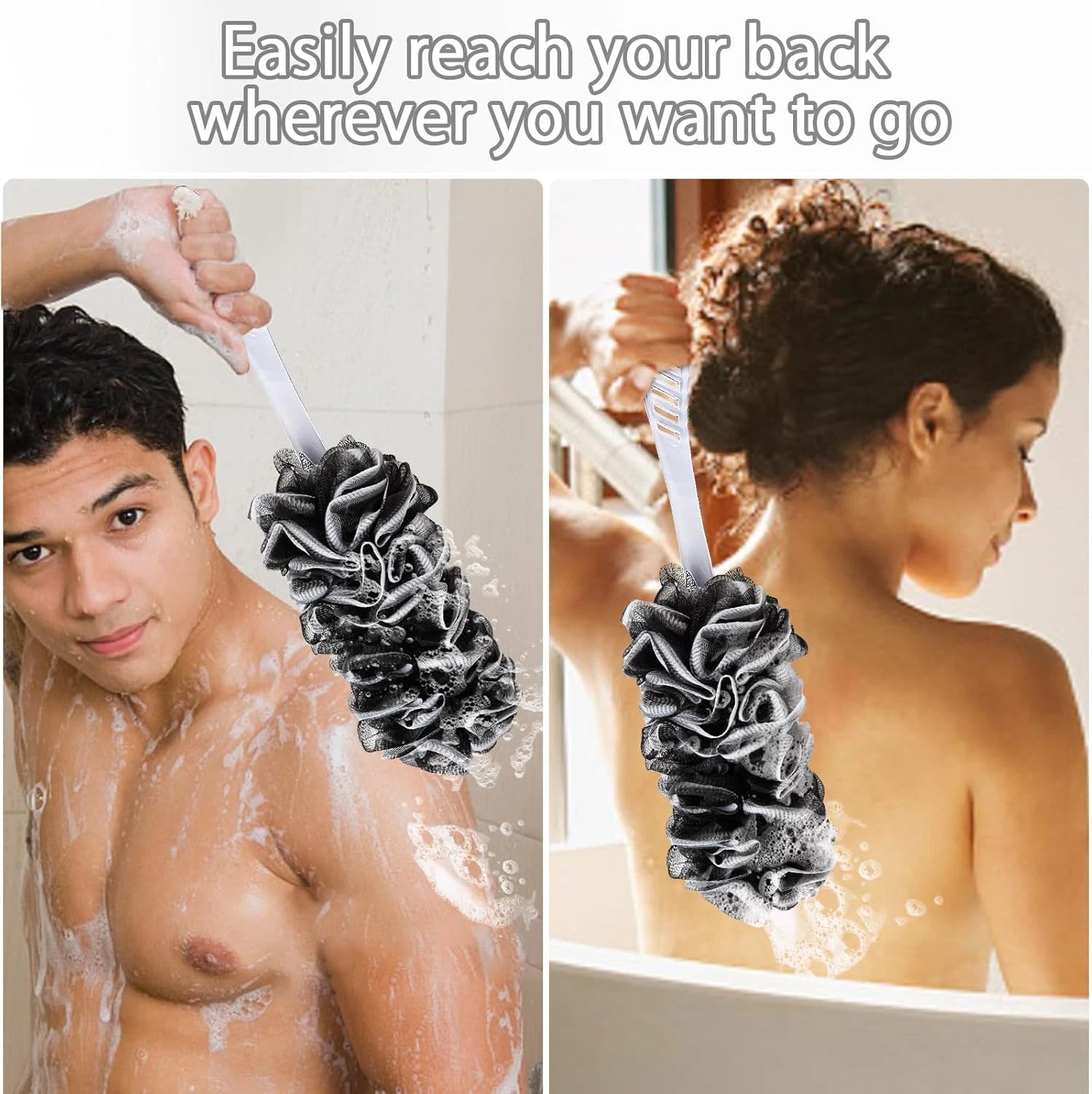 2Pack Back Scrubber for Shower, Dual-Sided Loofah on a Stick as Shower Brush Exf